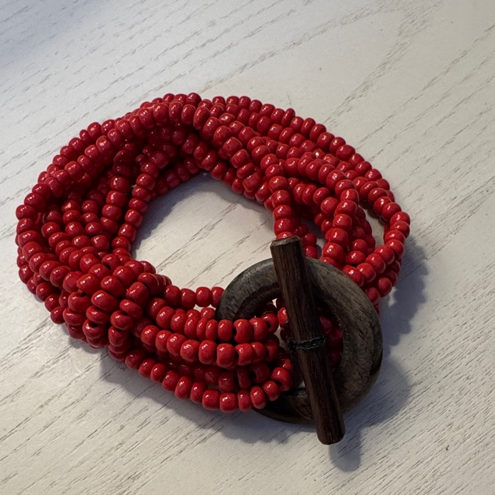 Red Beaded Bracelet with Wooden Clasp NEW!